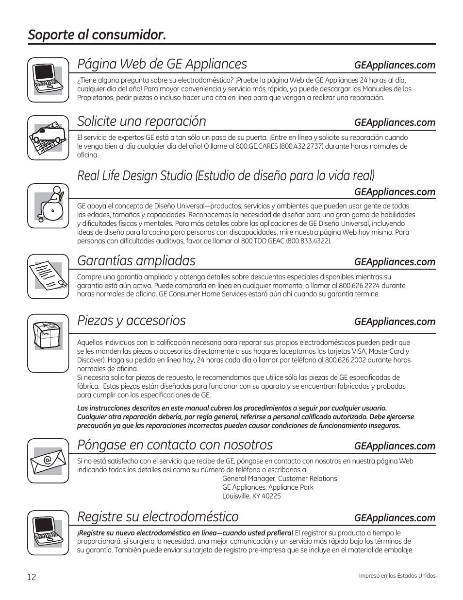 Soporte al consumidor, Solicite una reparación, Garantías ampliadas | Piezas y accesorios, Póngase en contacto con nosotros, Registre su electrodoméstico, Página web de ge appliances | GE GTWN4950FWW User Manual | Page 24 / 24