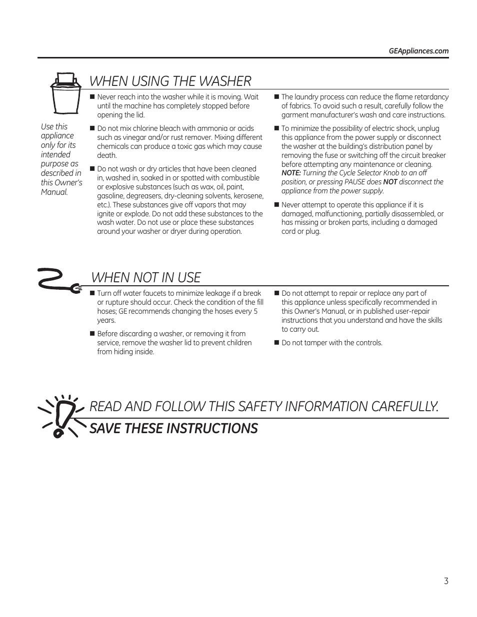 When using the washer, When not in use, Read and follow this safety information carefully | Instructions | GE GTWN4950FWW User Manual | Page 3 / 24