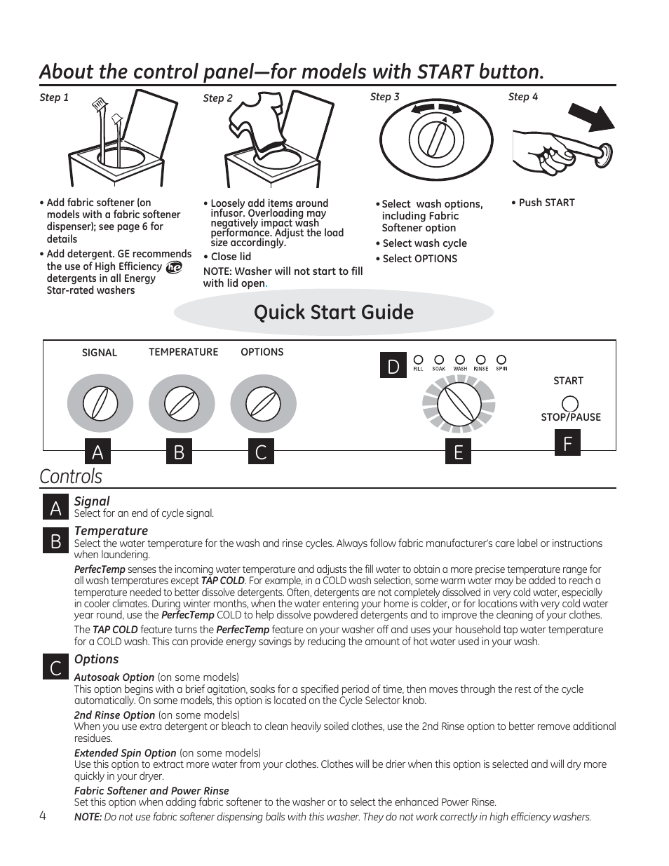 Controls, Quick start guide | GE GTWN4950FWW User Manual | Page 4 / 24