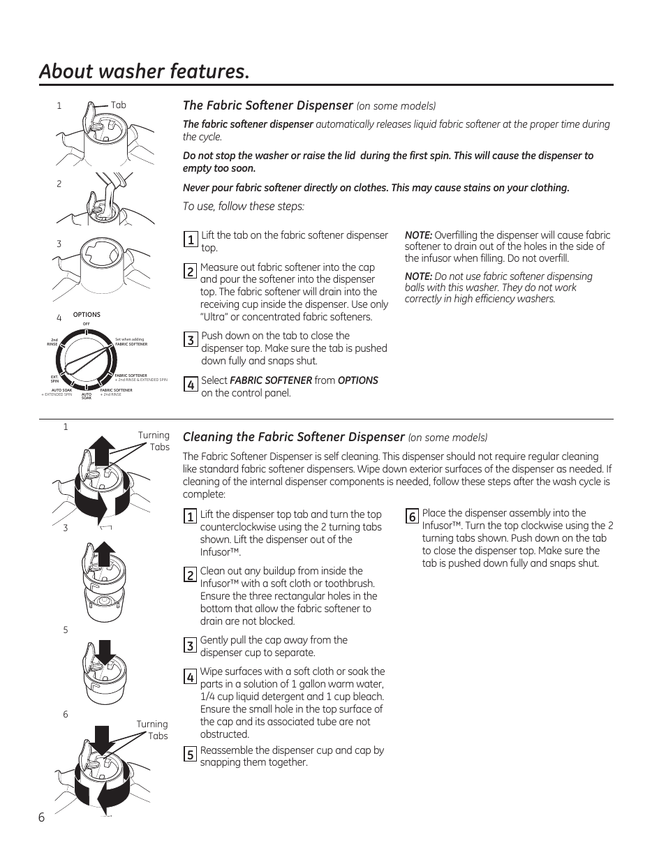 About washer features | GE GTWN4950FWW User Manual | Page 6 / 24