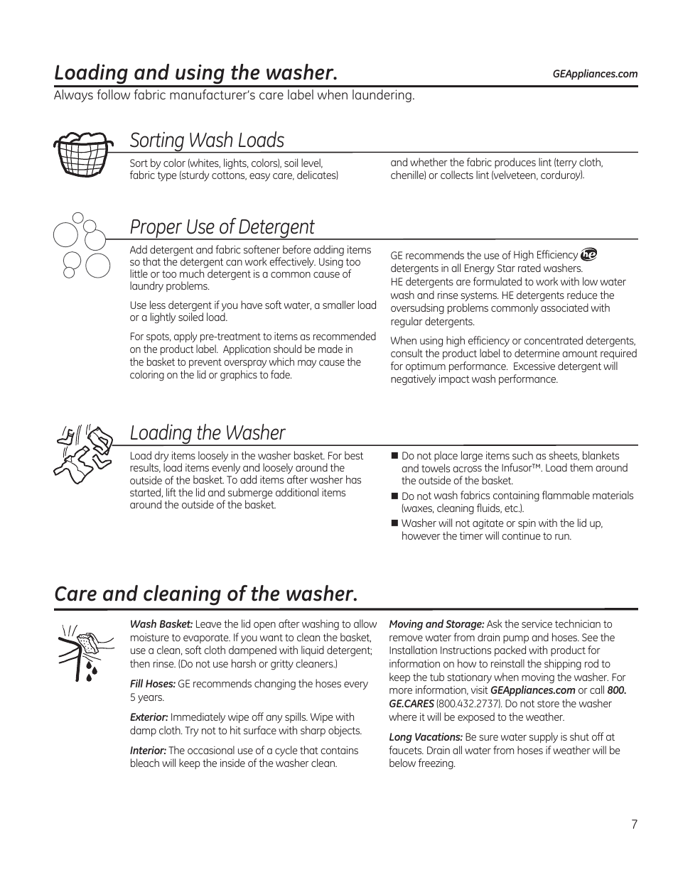 Sorting wash loads, Proper use of detergent, Loading the washer | Care and cleaning of the washer, L.oading and using the washer | GE GTWN4950FWW User Manual | Page 7 / 24