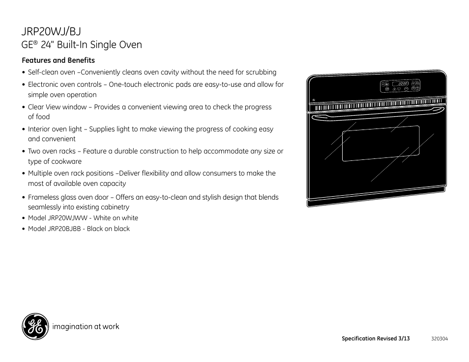 Jrp20wj/bj, 24" built-in single oven | GE JRP20BJBB User Manual | Page 2 / 2