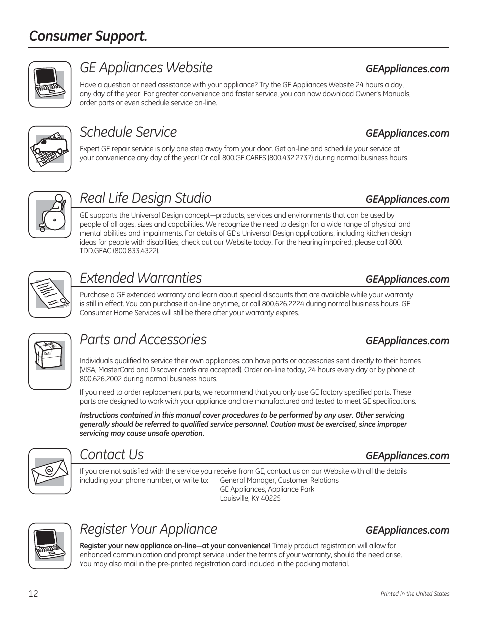 Consumer support, Ge appliances website, Schedule service | Real life design studio, Extended warranties, Parts and accessories, Contact us, Register your appliance | GE GTWN5550DWW User Manual | Page 12 / 24