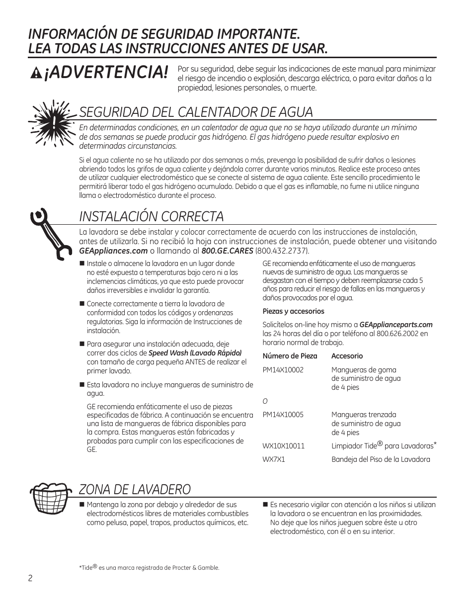 Informacion de seguridad importante, Lea todas las instrucciones antes de usar, Seguridad del calentador de agua | Instalacion correcta, Zona de lavadero, Aiadvertencia | GE GTWN5550DWW User Manual | Page 14 / 24