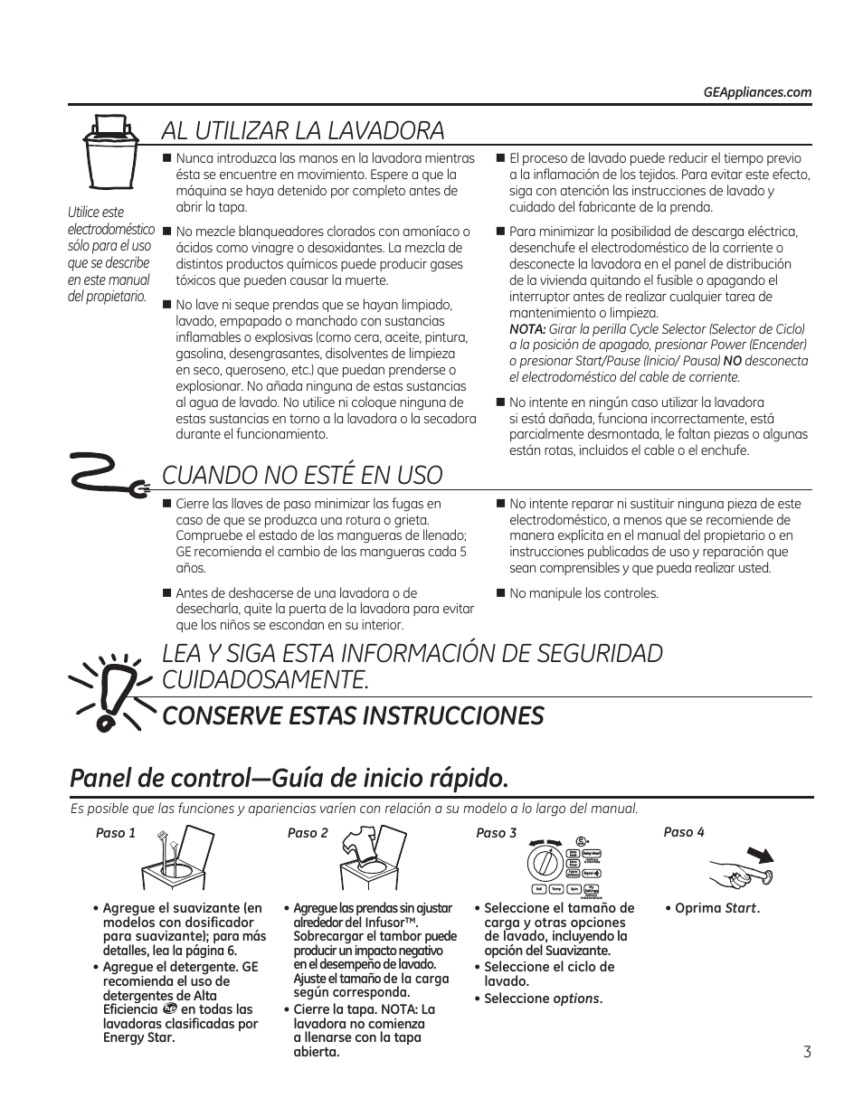 Al utilizar la lavadora, Cuando no esté en uso, Conserve estas instrucciones | Panel de control—guía de inicio rápido | GE GTWN5550DWW User Manual | Page 15 / 24