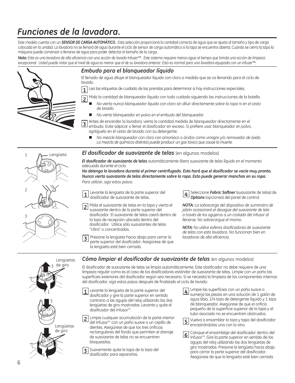 Funciones de la lavadora | GE GTWN5550DWW User Manual | Page 18 / 24