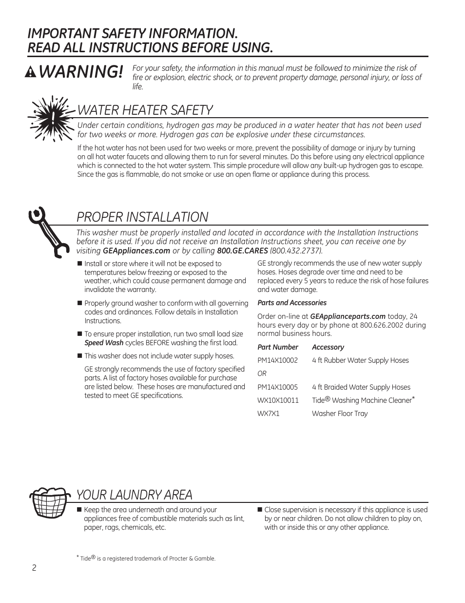 Important safety information, Read all instructions before using, Water heater safety | Proper installation, Your laundryarea | GE GTWN5550DWW User Manual | Page 2 / 24