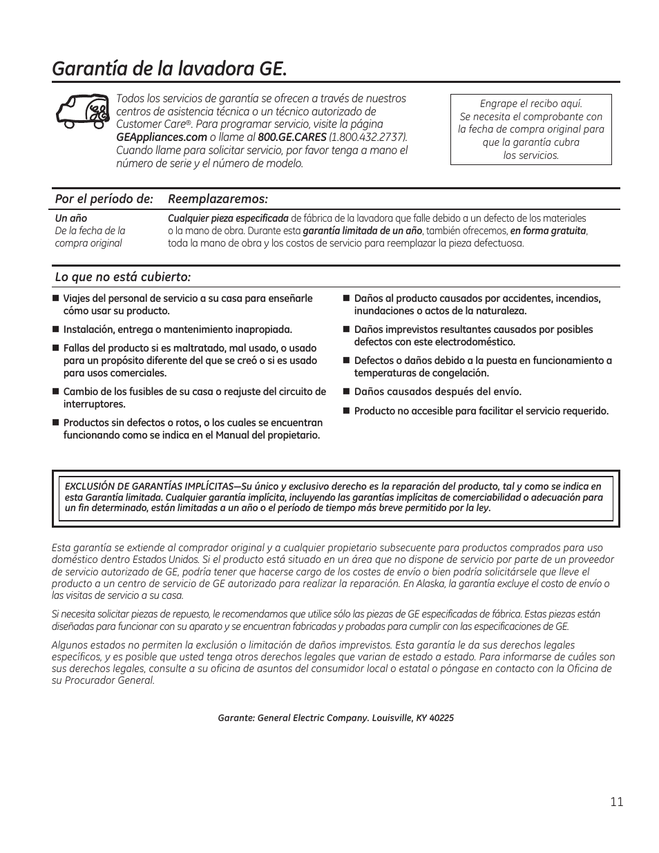 Garantía de la lavadora ge | GE GTWN5550DWW User Manual | Page 23 / 24