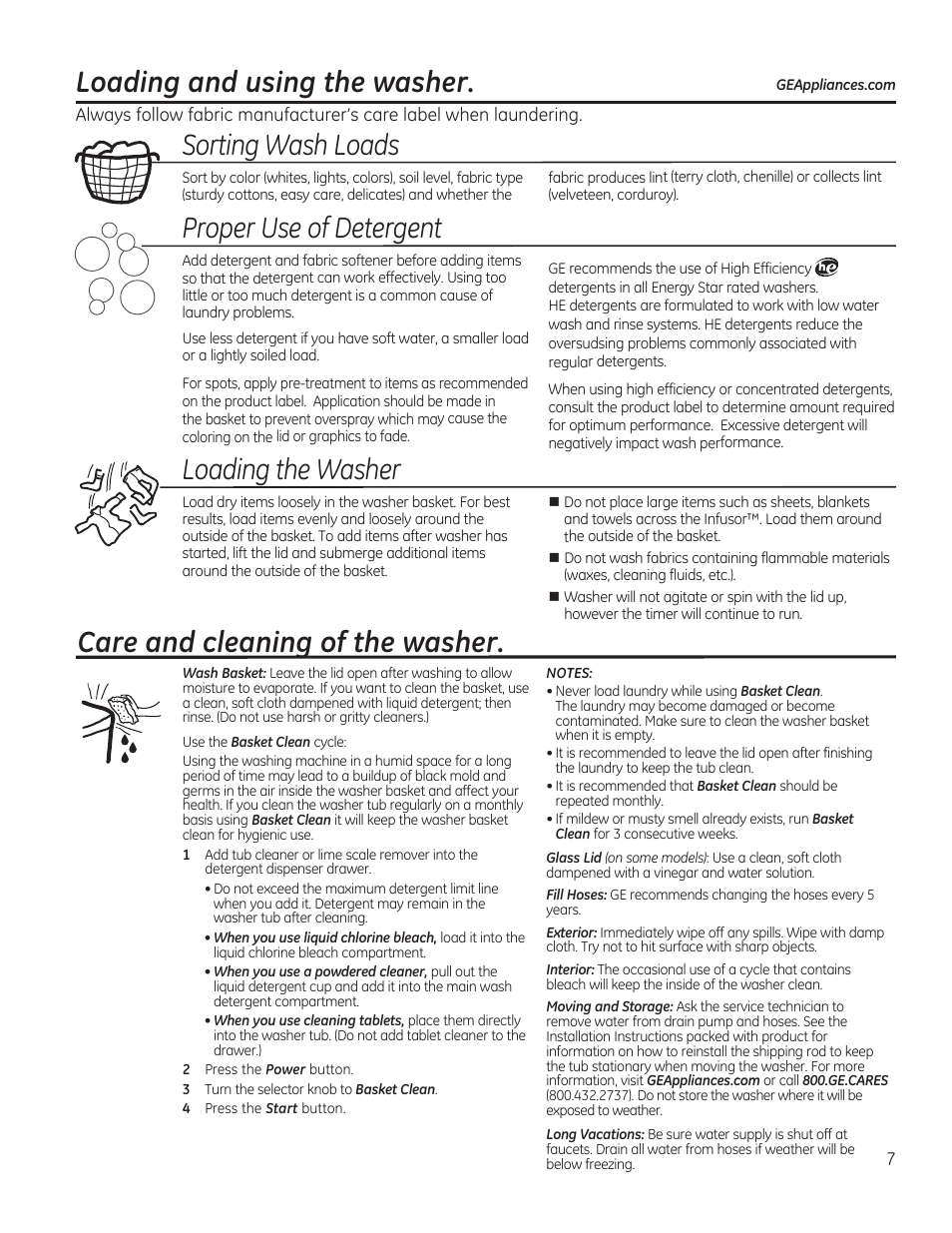 Sorting wash loads, Proper use of detergent, Loading the washer | Care and cleaning of the washer, L-oading and using the washer | GE GTWN5550DWW User Manual | Page 7 / 24