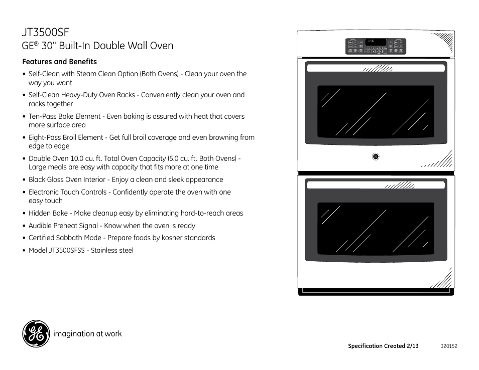Jt3500sf, 30" built-in double wall oven, Jt3500sfss | GE JT3500SFSS User Manual | Page 2 / 2