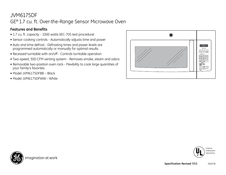 Jvm6175df, 7 cu. ft. over-the-range sensor microwave oven | GE JVM6175DFBB User Manual | Page 3 / 3