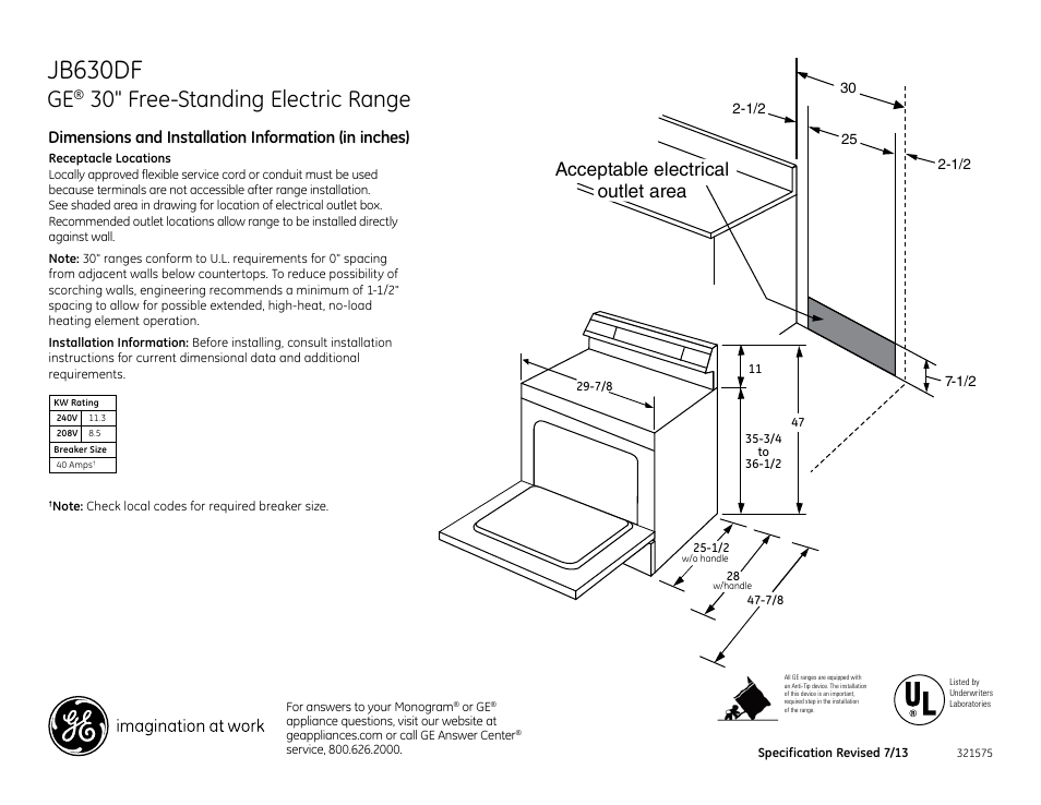 GE JB630DFWW User Manual | 2 pages