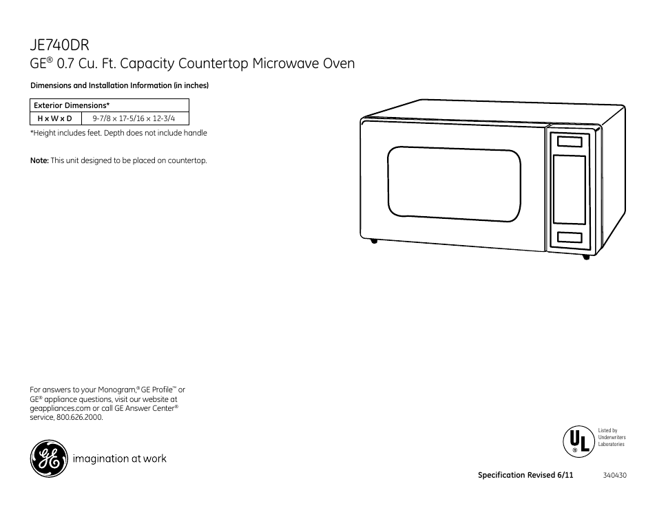 GE JE740DRWW User Manual | 2 pages