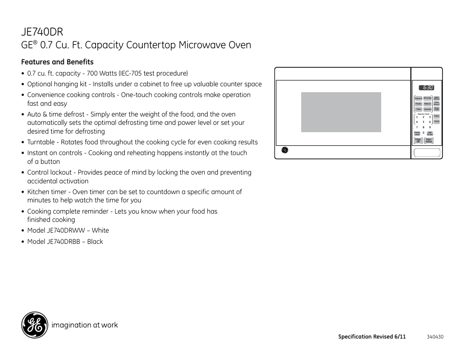Je740dr, 7 cu. ft. capacity countertop microwave oven, Jes0740dr | Features and benefits | GE JE740DRWW User Manual | Page 2 / 2