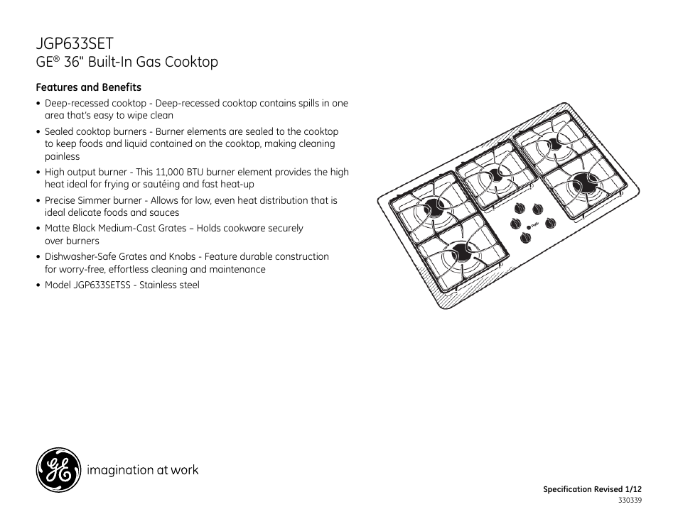 Jgp633set, 36" built-in gas cooktop | GE JGP633SETSS User Manual | Page 2 / 2