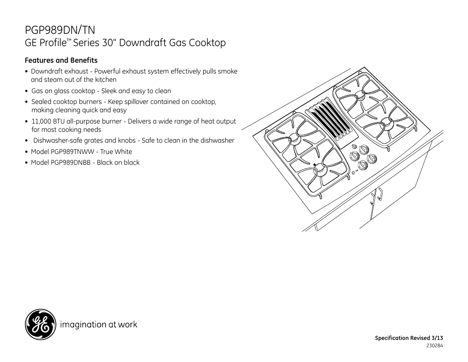 Pgp989dn/tn, Ge profile, Series 30" downdraft gas cooktop | Pgp989dn_tn_sn | GE PGP989DNBB User Manual | Page 3 / 3