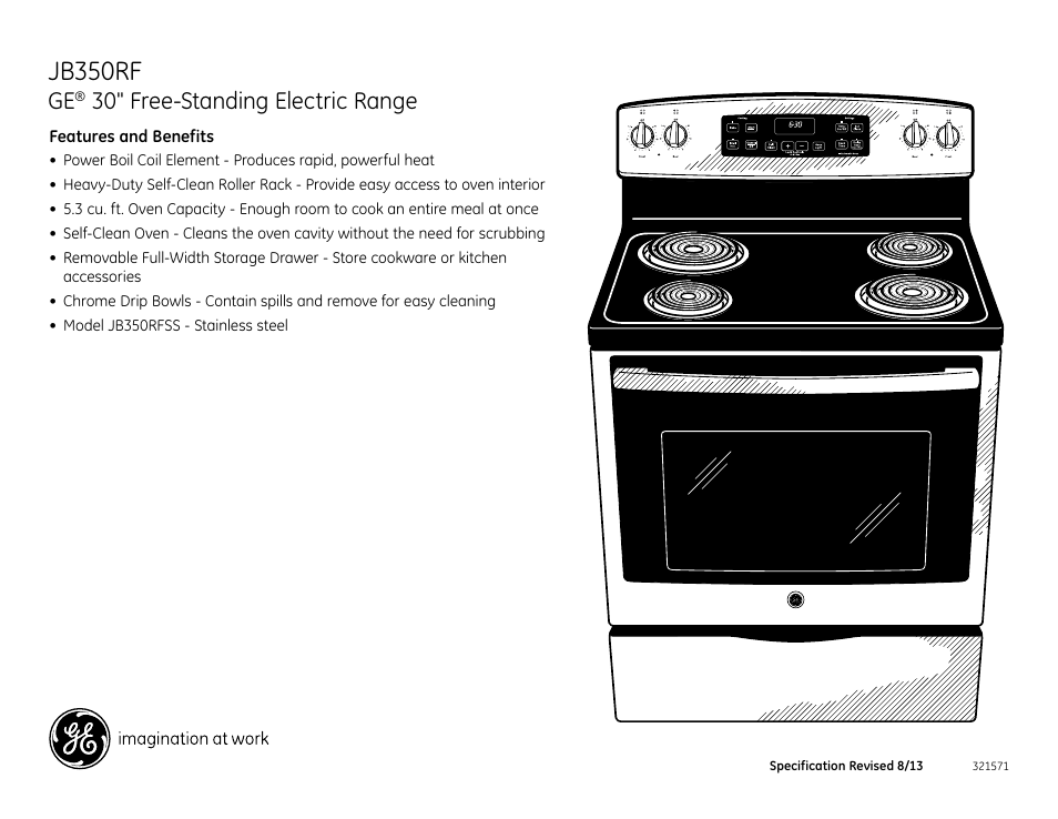 Jb350rf, 30" free-standing electric range | GE JB350RFSS User Manual | Page 2 / 2
