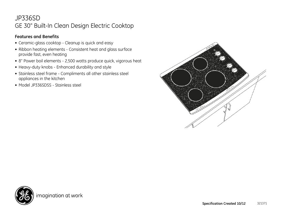 Jp336sd, Ge 30" built-in clean design electric cooktop | GE JP336SDSS User Manual | Page 2 / 2