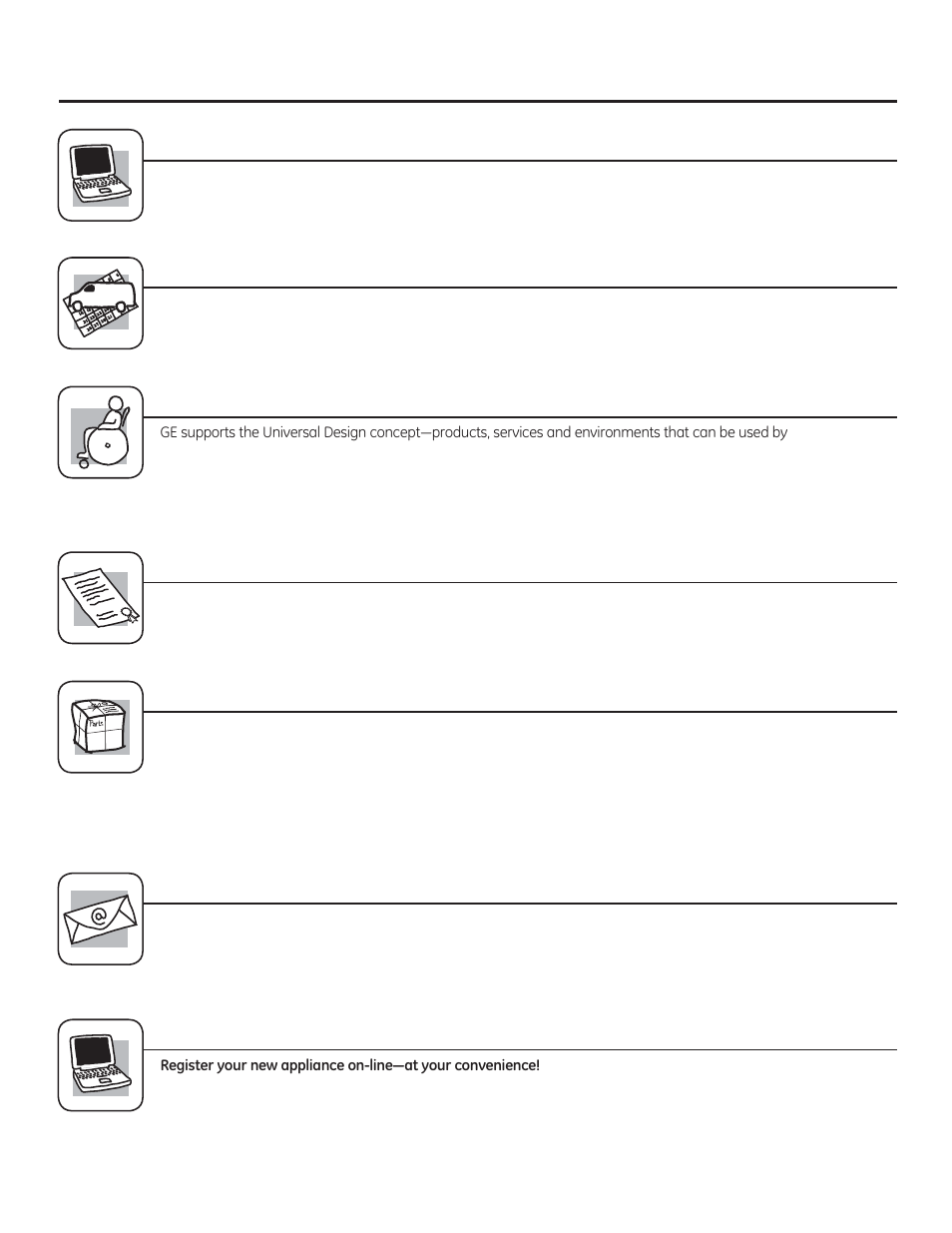 Register your appliance, Consumer support. ge appliances website, Schedule service | Real life design studio, Extended warranties, Parts and accessories, Contact us | GE JGRP20WEJWW User Manual | Page 28 / 28