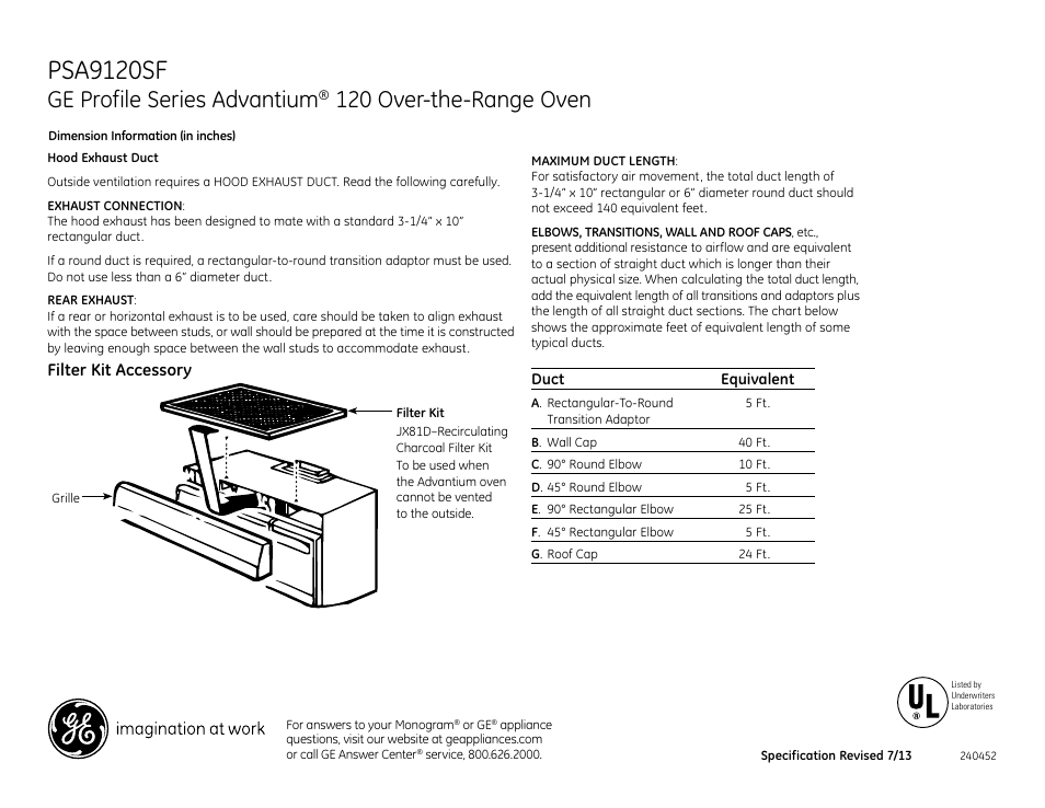 Psa9120sf, Ge profile series advantium, 120 over-the-range oven | GE PSA9120SFSS User Manual | Page 2 / 3