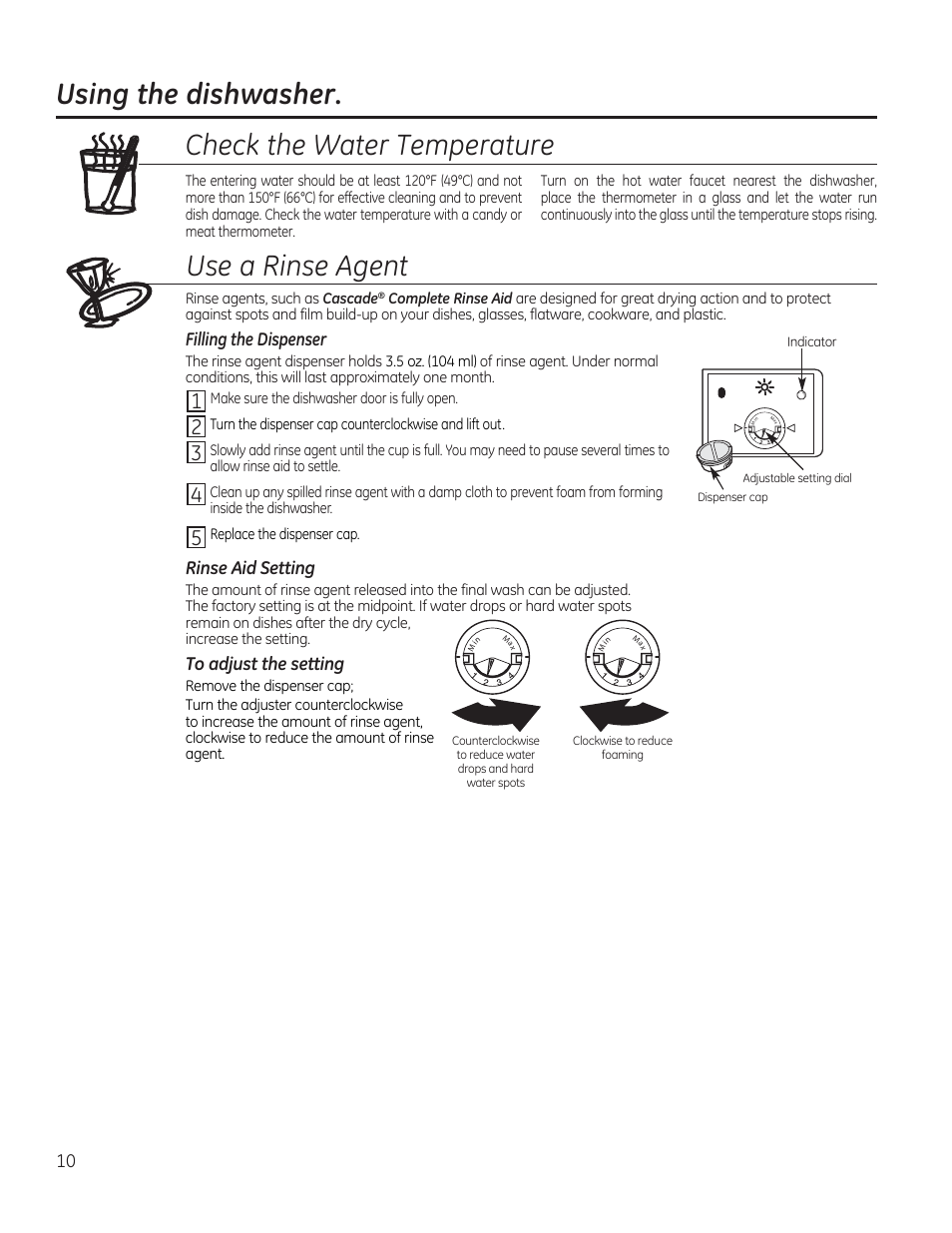 Filling the dispenser, Rinse aid setting | GE PDW1860NSS User Manual | Page 10 / 20