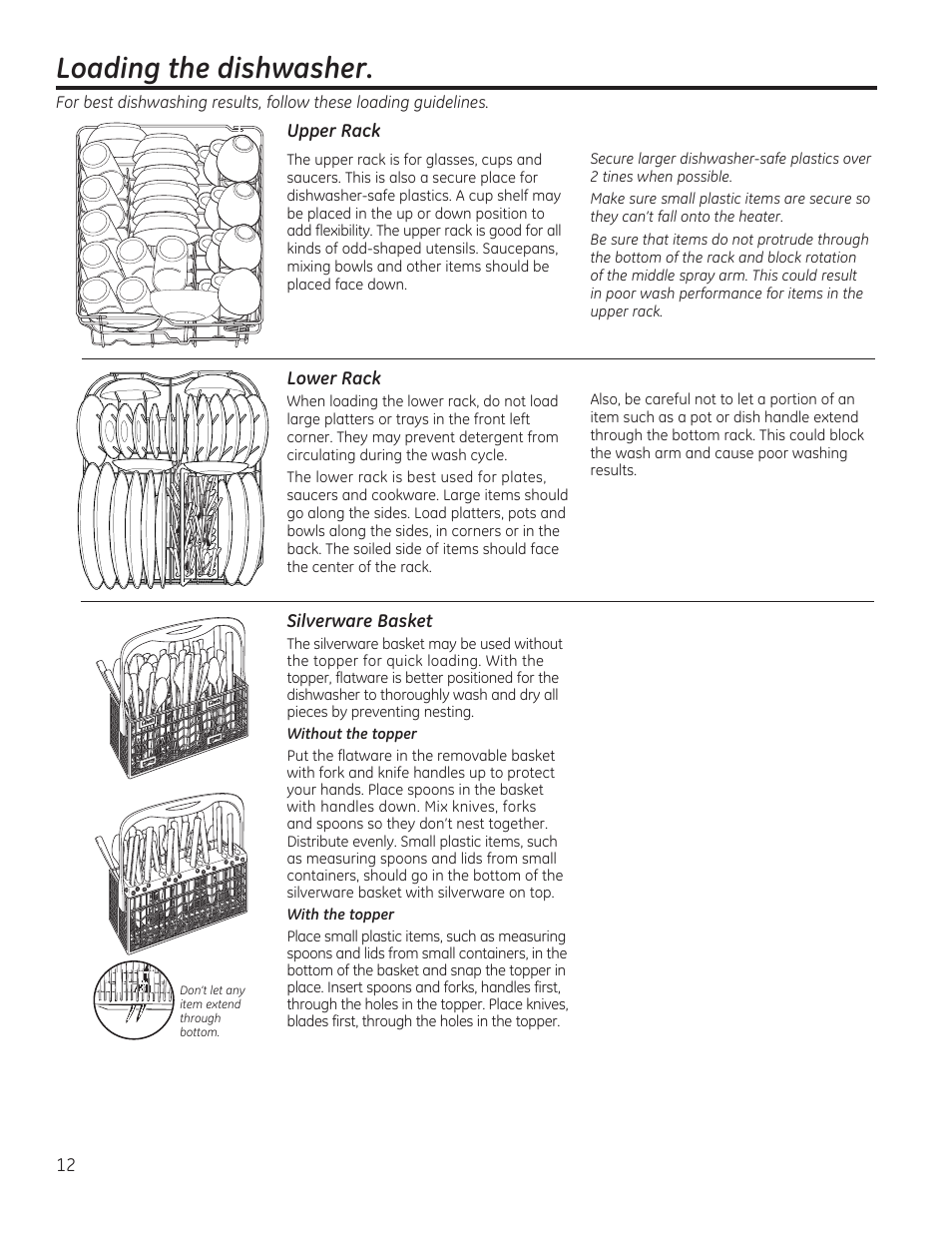 Loading the dishwasher | GE PDW1860NSS User Manual | Page 12 / 20