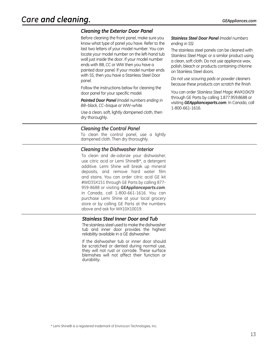 Care and cleaning | GE PDW1860NSS User Manual | Page 13 / 20