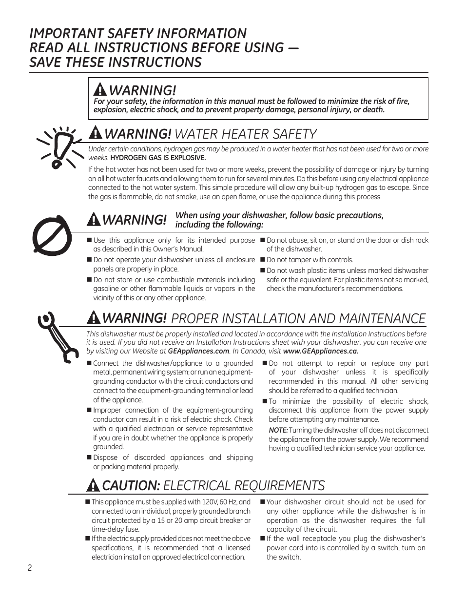Warning, Caution: electrical requirements | GE PDW1860NSS User Manual | Page 2 / 20