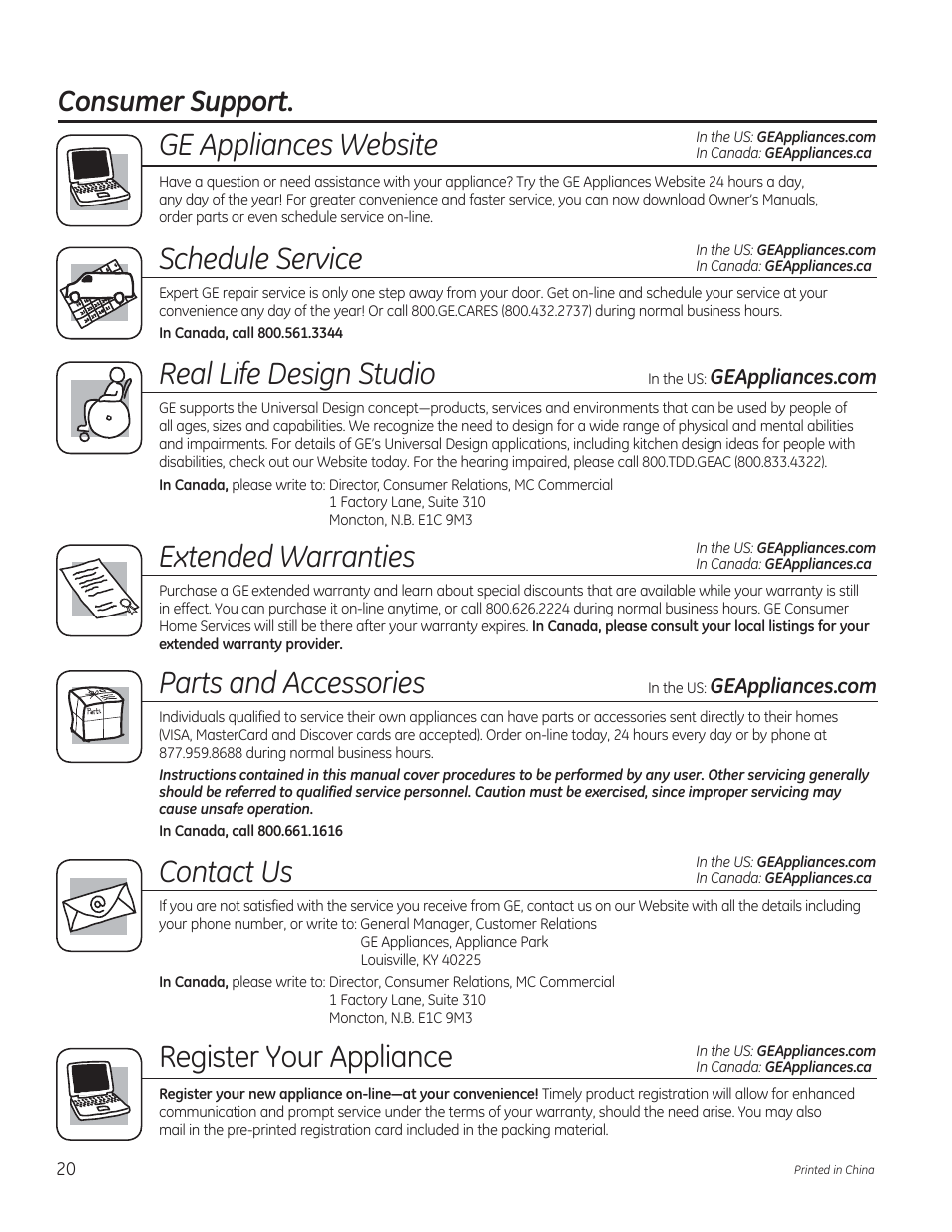 Ge appliances website, Schedule service, Real life design studio | Extended warranties, Parts and accessories, Contact us, Register your appliance, Consumer support | GE PDW1860NSS User Manual | Page 20 / 20
