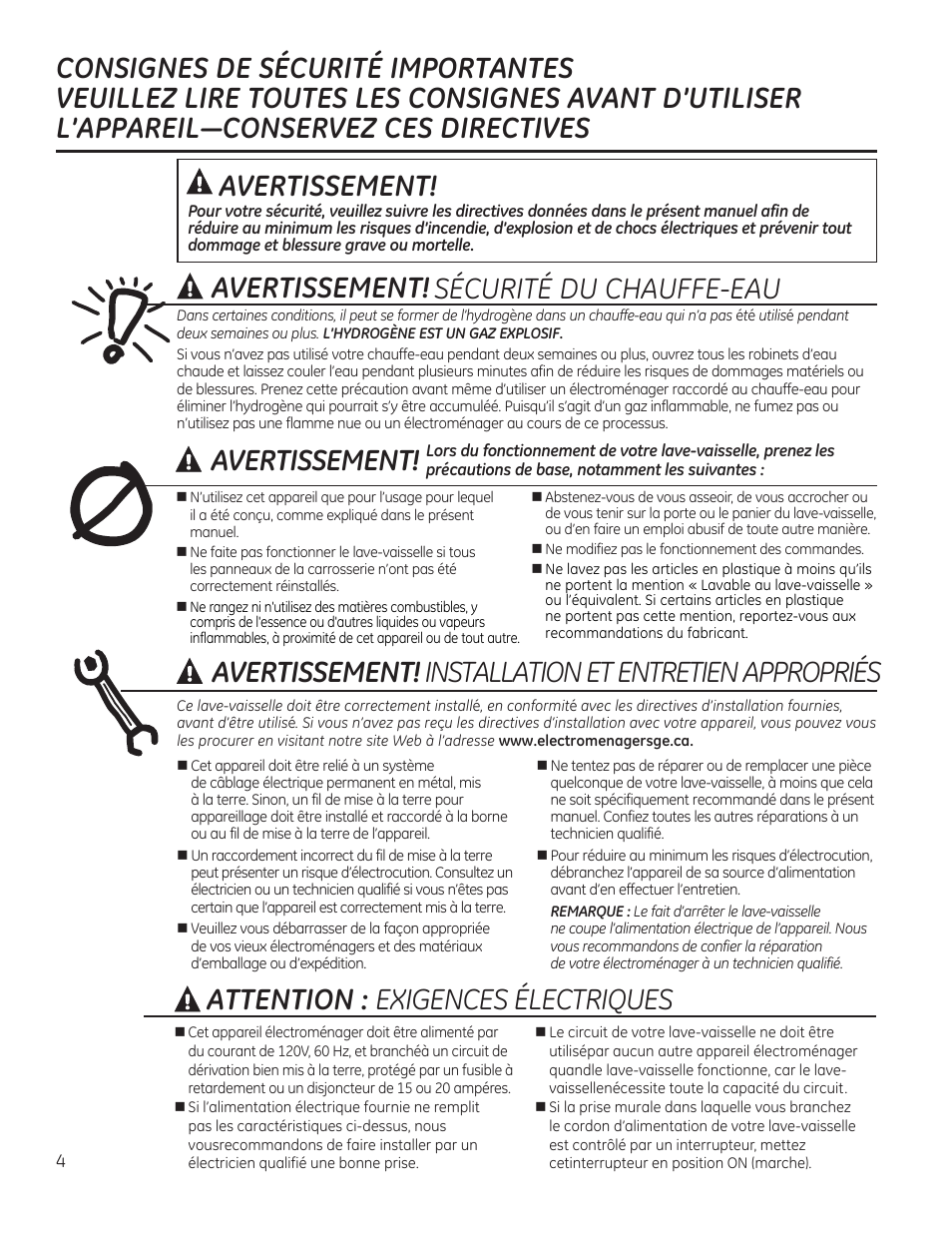 Avertissement, Attention : exigences électriques | GE PDW1860NSS User Manual | Page 4 / 20