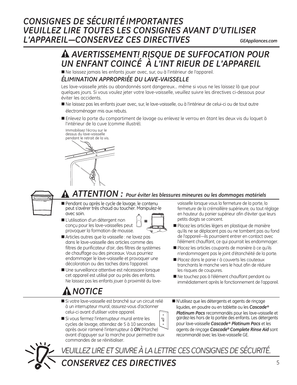 Attention, Conservez ces directives notice | GE PDW1860NSS User Manual | Page 5 / 20