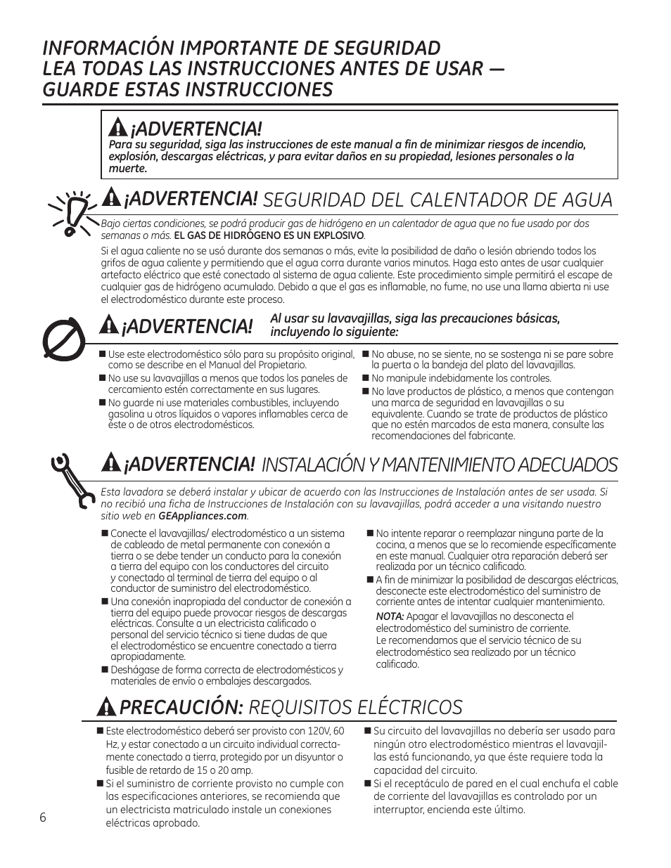 Advertencia, Precaución: requisitos eléctricos | GE PDW1860NSS User Manual | Page 6 / 20