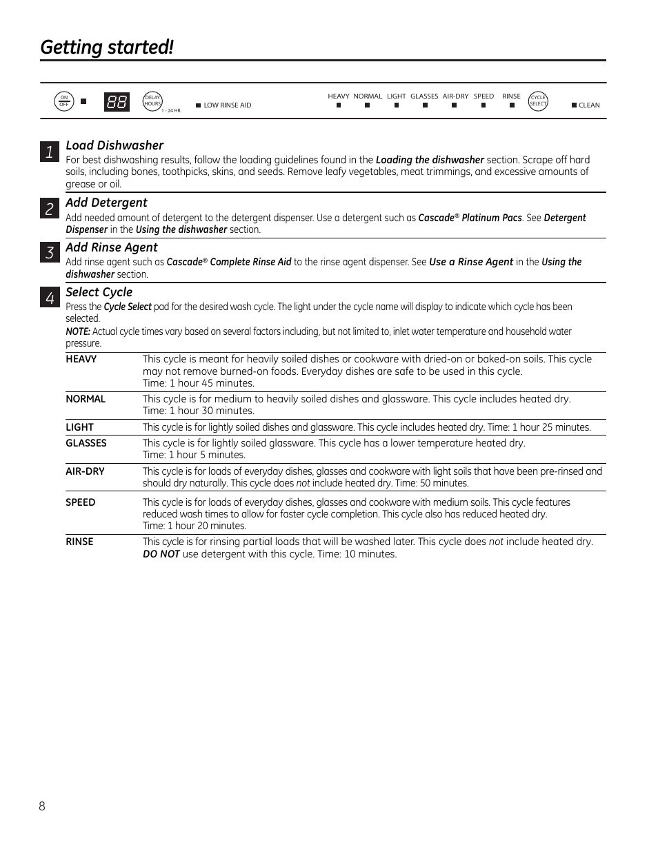 Getting started | GE PDW1860NSS User Manual | Page 8 / 20