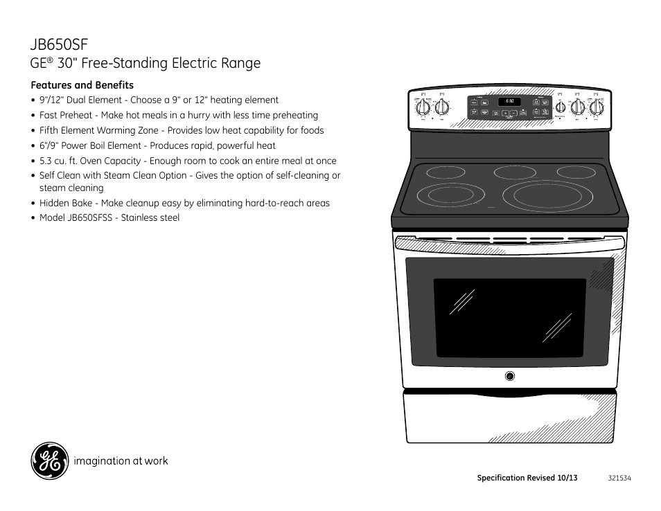 Jb650sf, 30" free-standing electric range | GE JB650SFSS User Manual | Page 2 / 2