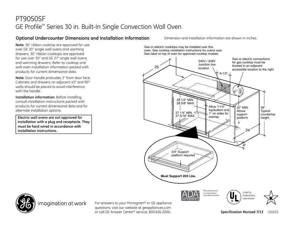 Side by side single ovens, Pt9050sf, Ge profile | Series 30 in. built-in single convection wall oven | GE PT9050SFSS User Manual | Page 2 / 3