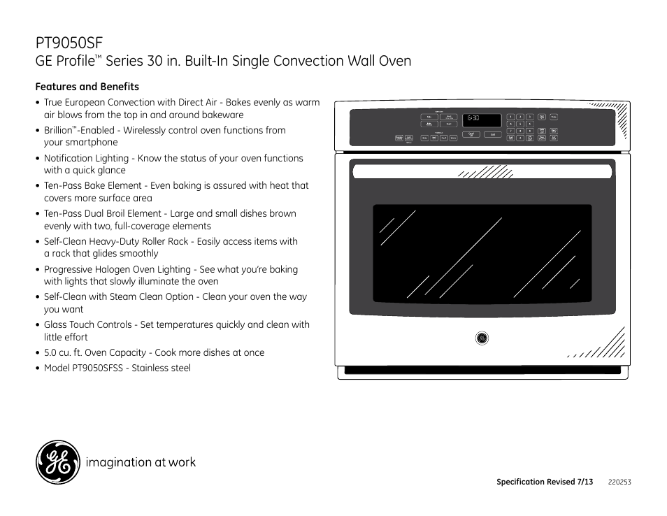 Pt9050sfss, Pt9050sf, Ge profile | Series 30 in. built-in single convection wall oven | GE PT9050SFSS User Manual | Page 3 / 3