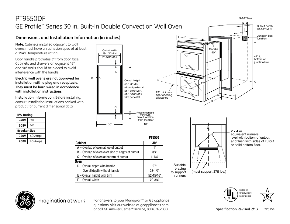 GE PT9550DFBB User Manual | 2 pages