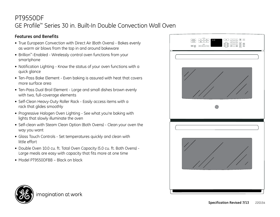 Pt9550df, Pt9550dfbb, Ge profile | Series 30 in. built-in double convection wall oven | GE PT9550DFBB User Manual | Page 2 / 2