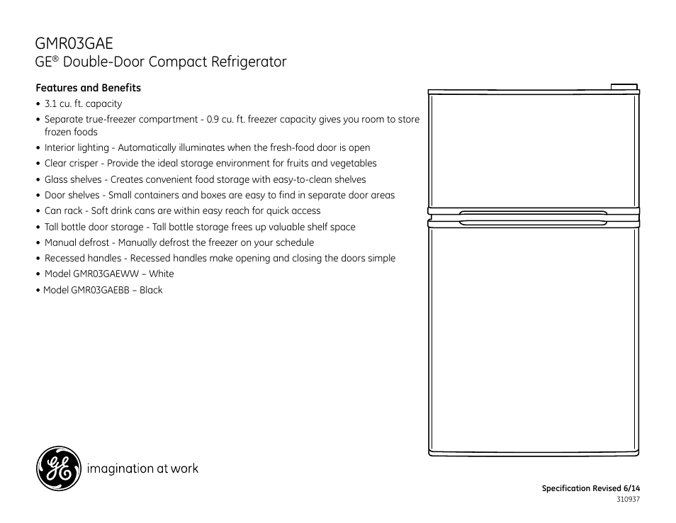 Gmr03gae, Double-door compact refrigerator | GE GMR03GAEBB User Manual | Page 2 / 2