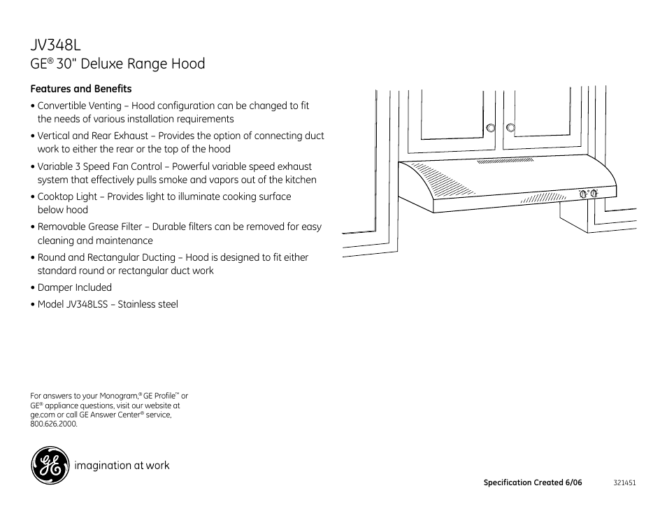 Jv348l, 30" deluxe range hood | GE JV348LSS User Manual | Page 2 / 2