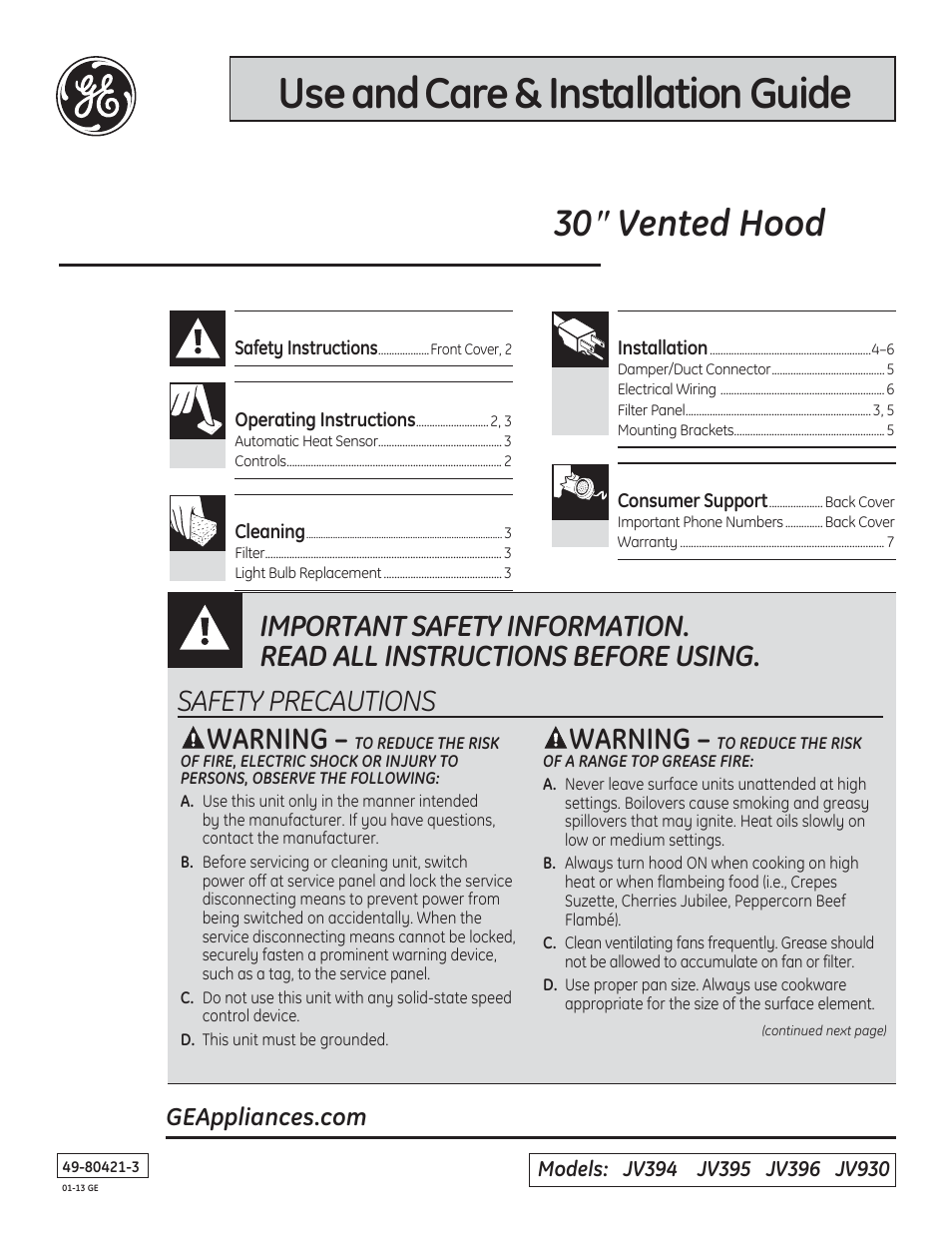 GE JV394SBB User Manual | 8 pages