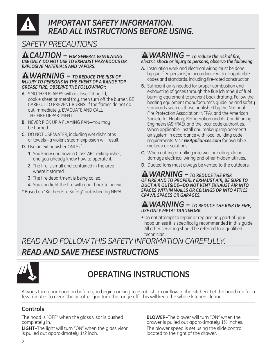 Operating instructions, Warning | GE JV394SBB User Manual | Page 2 / 8