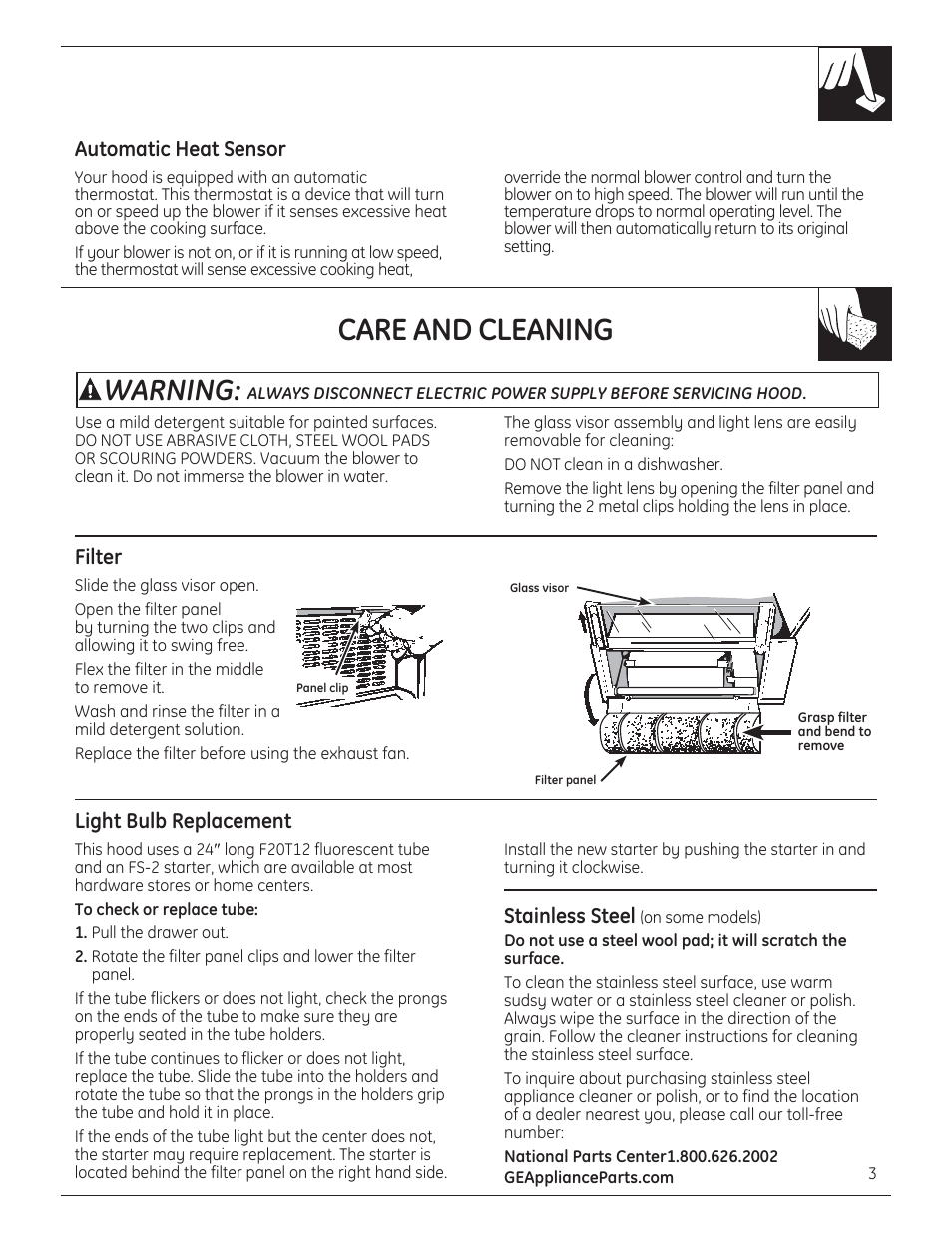 Care and cleaning, Warning, Automatic heat sensor | Light bulb replacement, Stainless steel, Filter | GE JV394SBB User Manual | Page 3 / 8