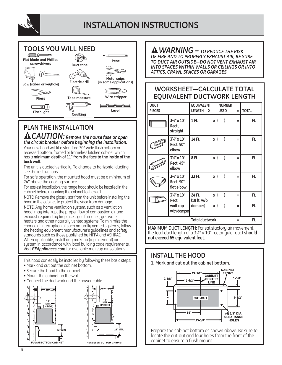 Installation instructions, Caution, Warning | Tools you will need, Plan the installation, Install the hood | GE JV394SBB User Manual | Page 4 / 8