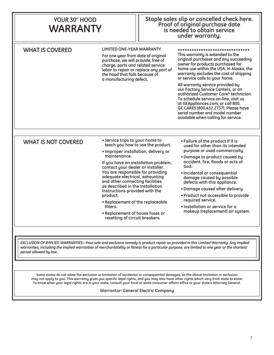Warranty, What is covered, What is not covered | Your 30 s hood | GE JV394SBB User Manual | Page 7 / 8