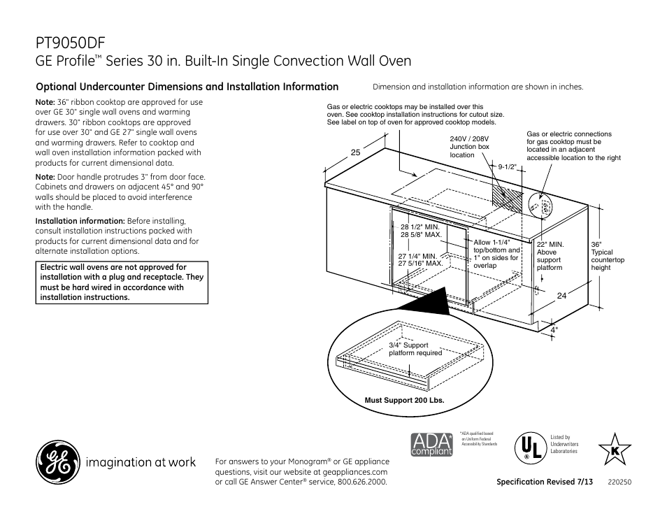 Side by side single ovens, Pt9050df, Ge profile | Series 30 in. built-in single convection wall oven | GE PT9050DFBB User Manual | Page 2 / 3