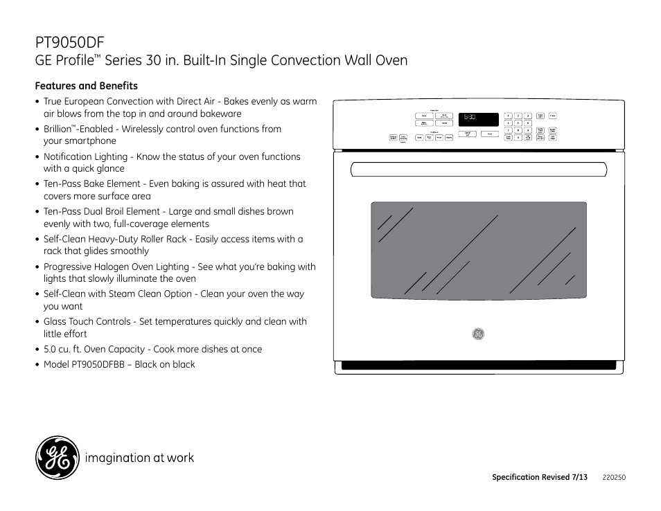 Pt9050dfbb, Pt9050df, Ge profile | Series 30 in. built-in single convection wall oven | GE PT9050DFBB User Manual | Page 3 / 3