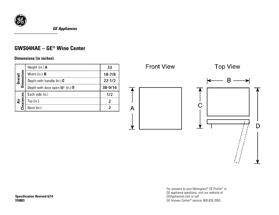 GE GWS04HAESS User Manual | 2 pages