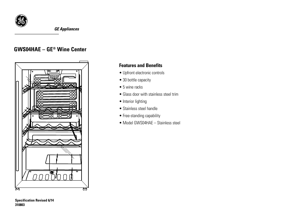 Gws04hae – ge, Wine center | GE GWS04HAESS User Manual | Page 2 / 2