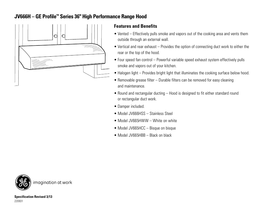 Jv666h – ge profile, Series 36" high performance range hood | GE JV666HSS User Manual | Page 2 / 2